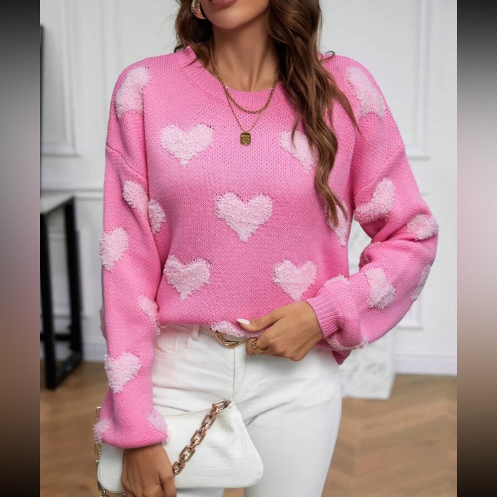 Pink Hearts Print Oversized Knit Sweater Top - Picture 5 of 6